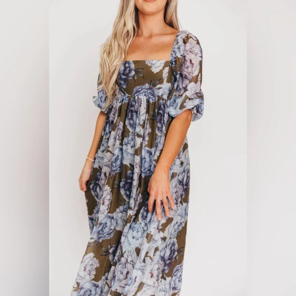 Floral Square-Neck Long Sleeve Maxi Dress - Olive & Lavender - Picture 12 of 13